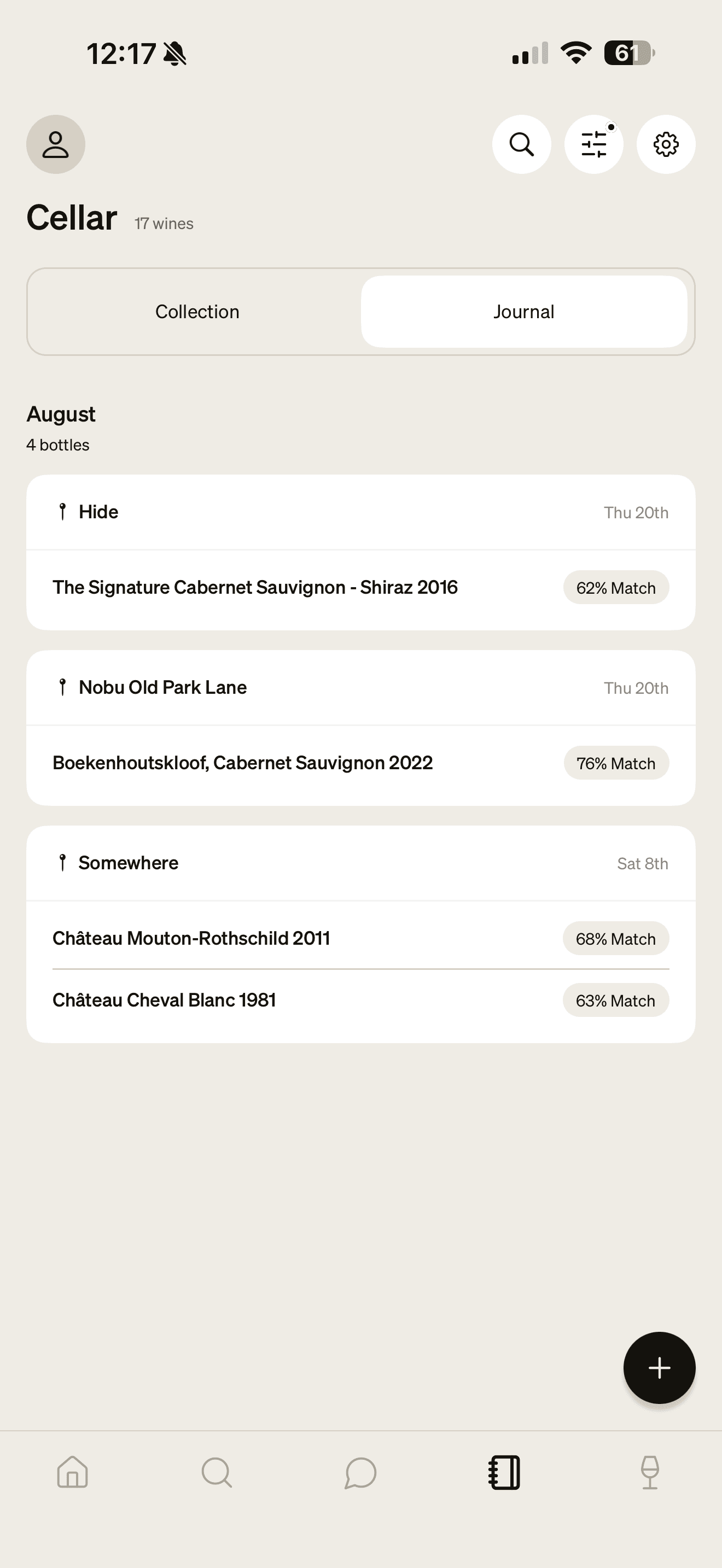 Valmont wine journal with wines grouped by occasion, restaurant and date, including personal match scores.