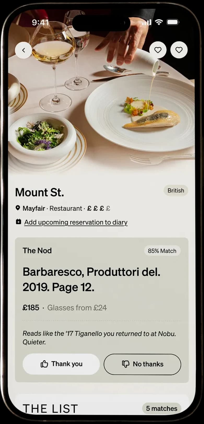 The Valmont app showing The Nod's wine recommendation at Mount St.
